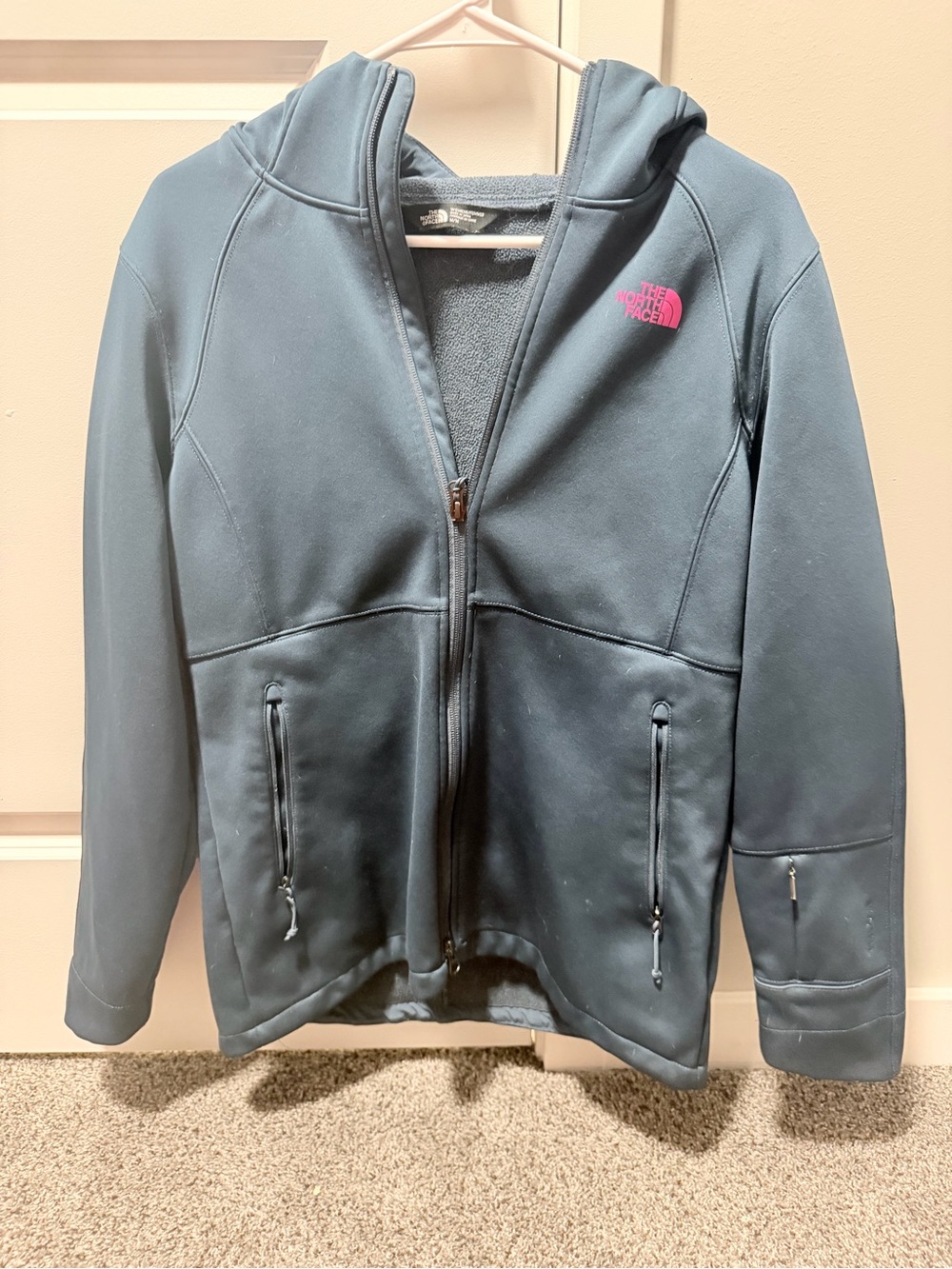 The North Face Teal Blue Hooded Fleece Jacket with Pink Logo